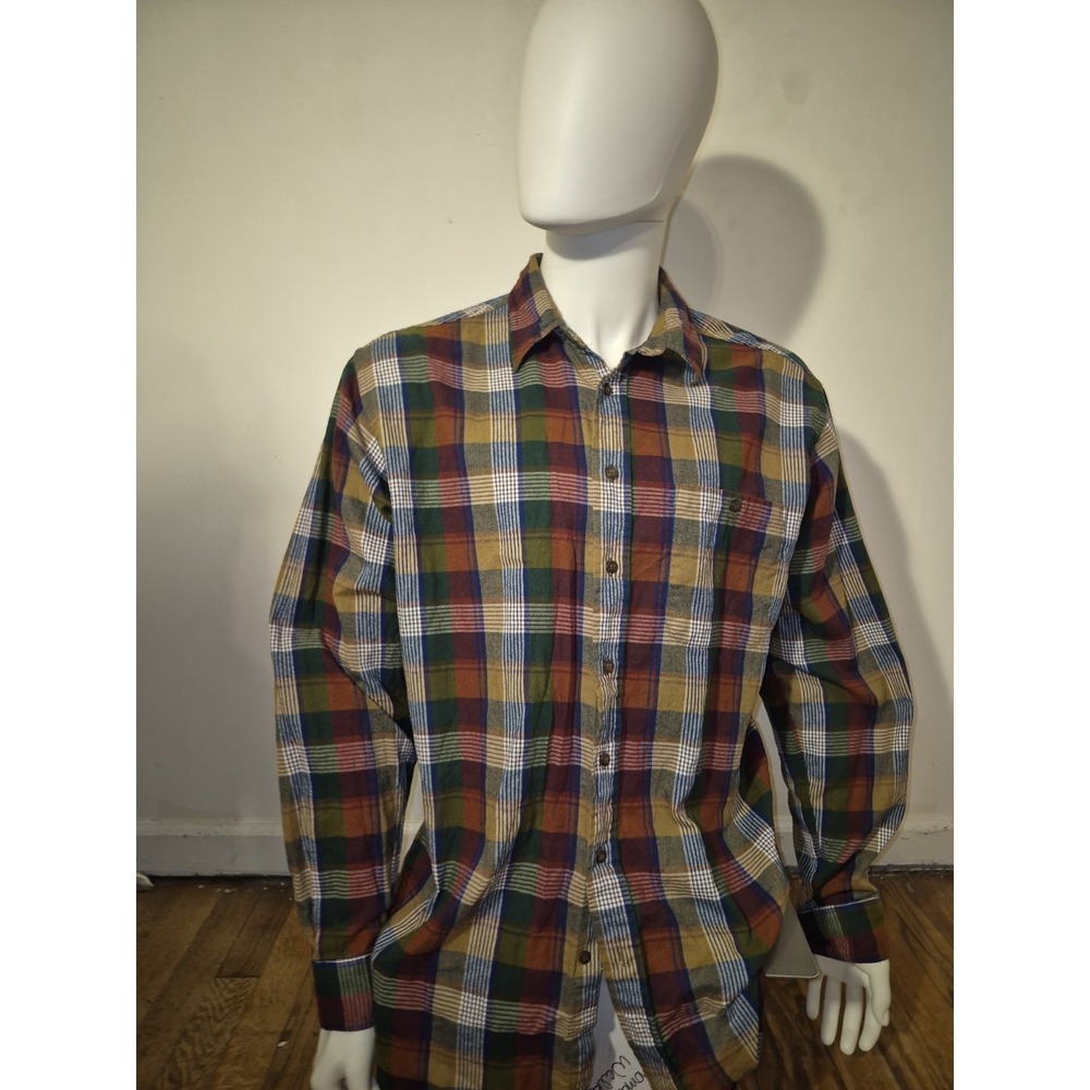 Woolrich Brown Plaid Flannel Shirt Men's Lg Long Sleeve 100% Cotton Button Down
